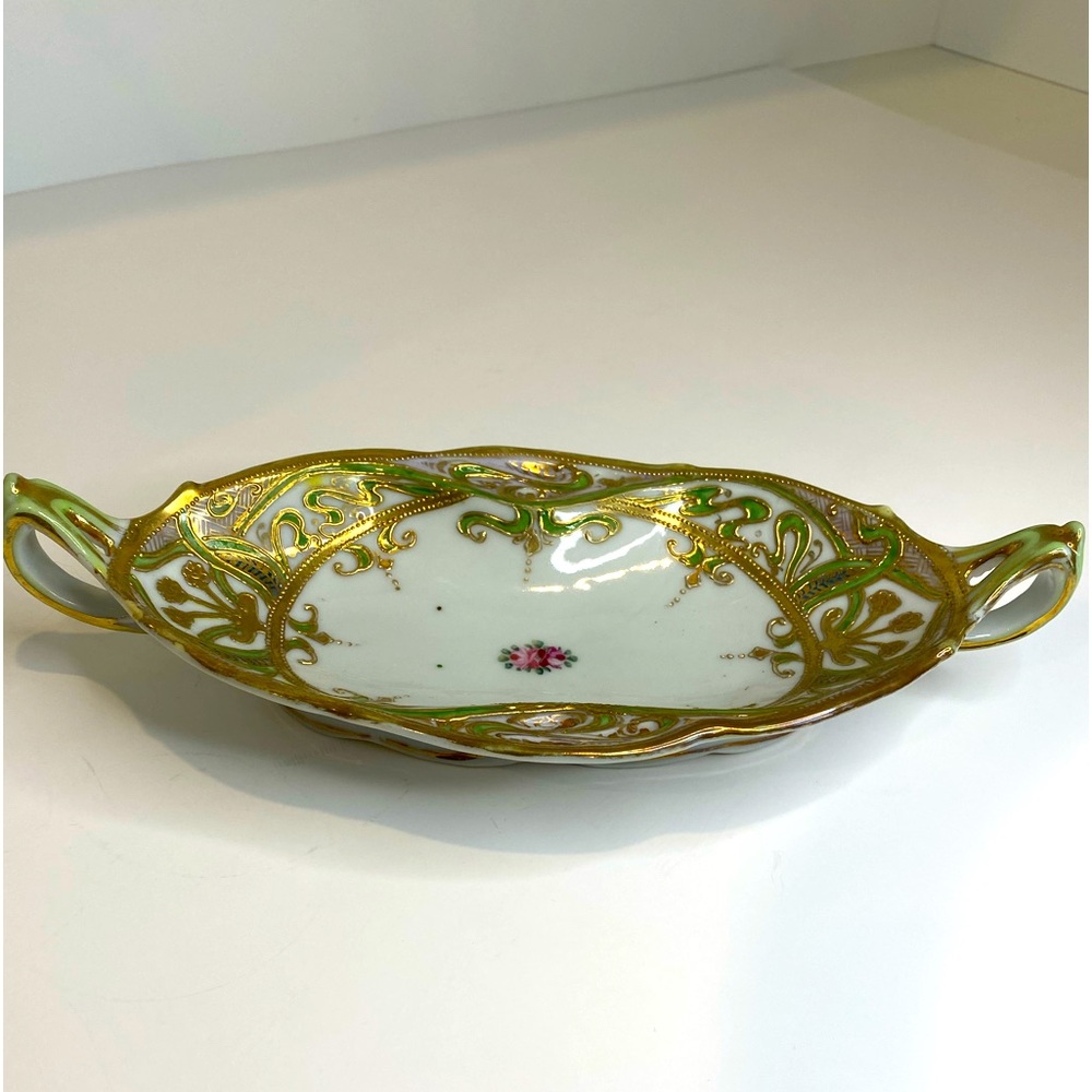 Antique Nippon Hand Painted Moriage Style Oval Dish Handles Florals Gold